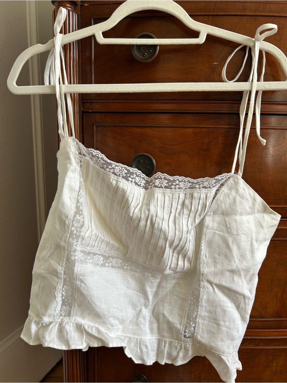 Reformation White Lace-Trim Pintuck Camisole